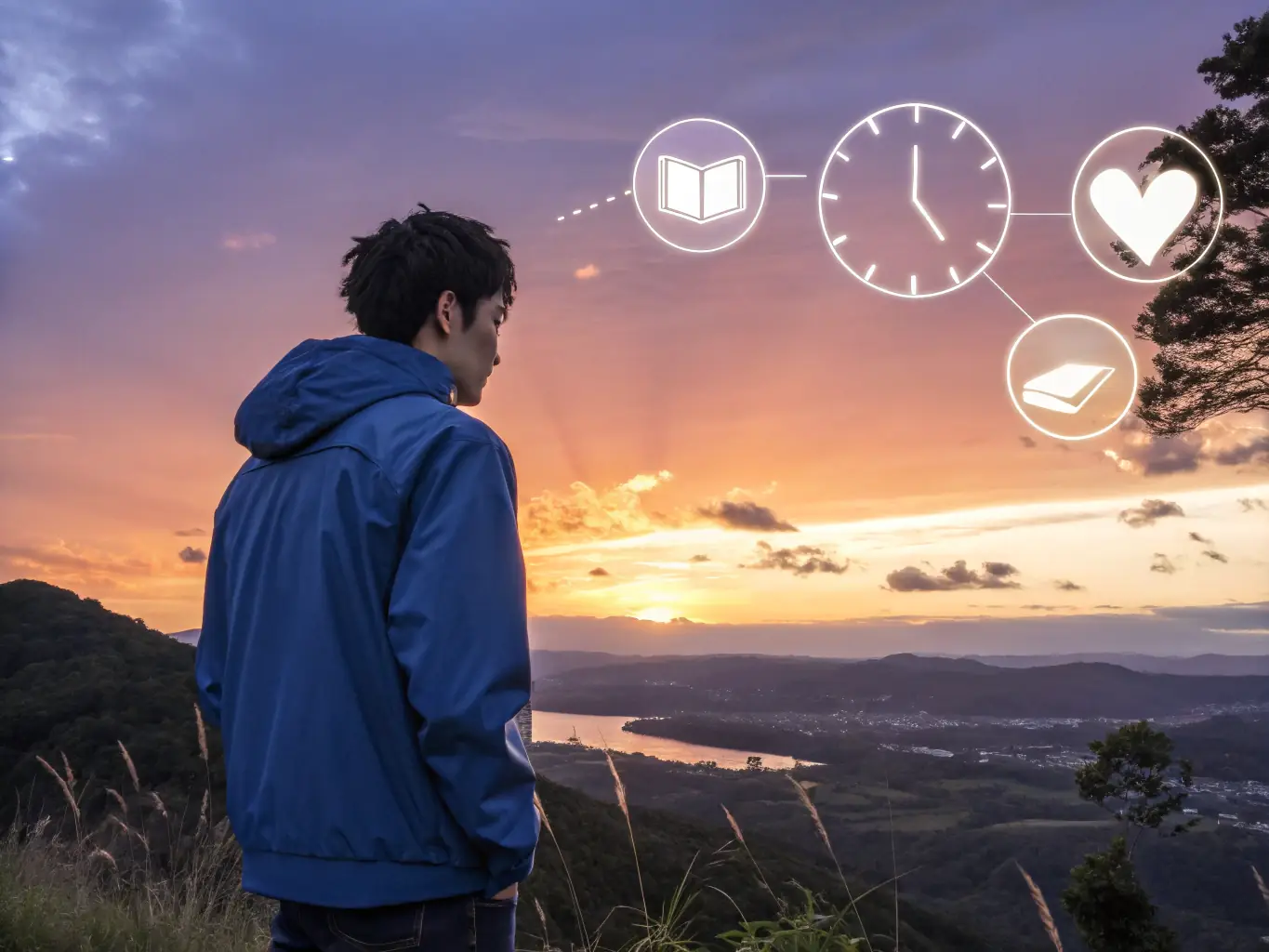 A vibrant anime-style illustration of a truck driver looking out at a scenic sunset, with icons representing work-life balance and personal growth, symbolizing life on the road.