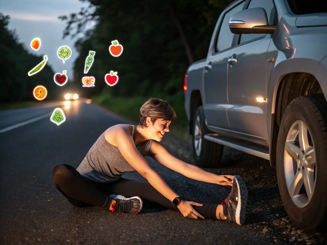 A digital artwork depicting a smiling anime character stretching and exercising next to a parked truck, with healthy food icons floating around, representing health on the road.