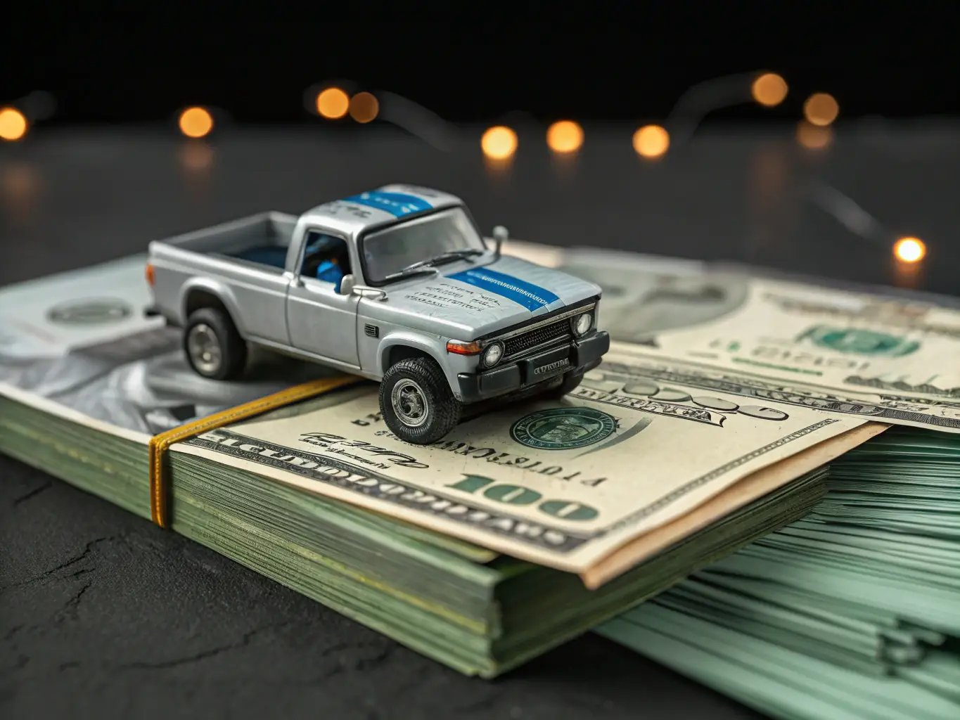 A digital illustration featuring a stack of neatly organized dollar bills with a miniature anime-style truck driving over them, symbolizing financial planning for road trips.